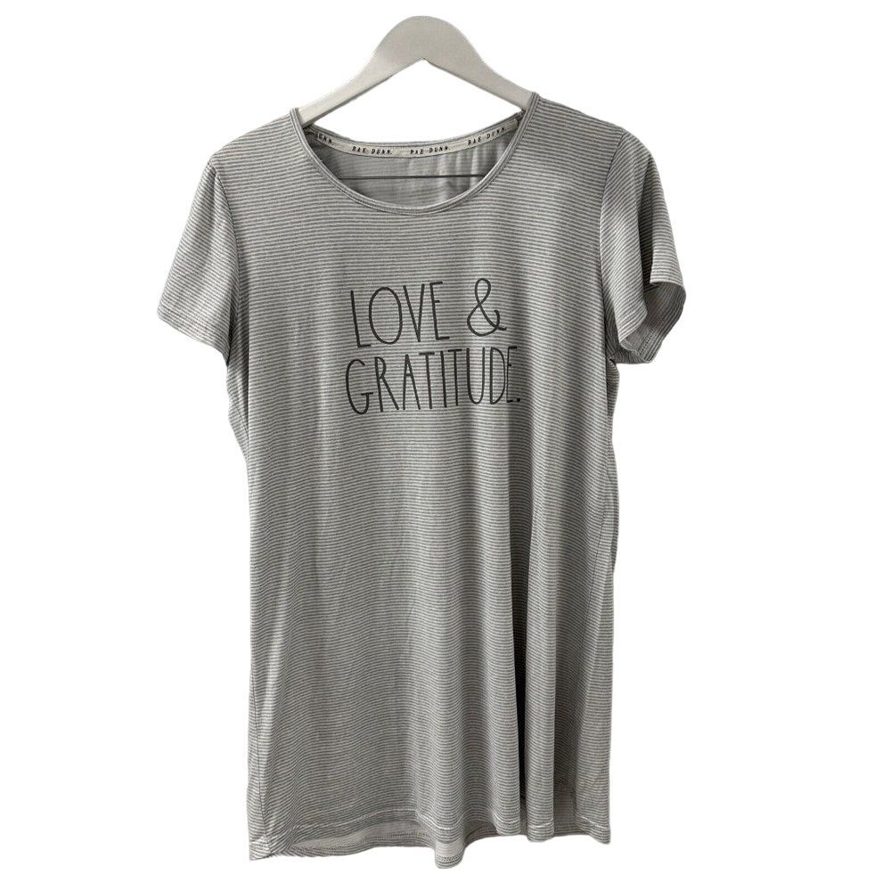 Rae Dunn Love & Gratitude Sleep Shirt Womens L Gray Ivory Stripe Casual